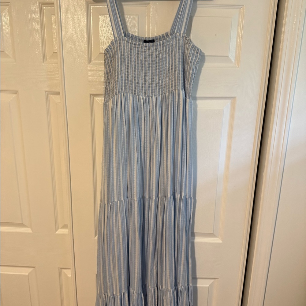 Tommy Hilfiger Blue and White Smocked Tiered Maxi Sundress